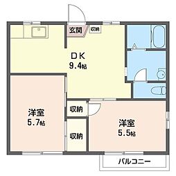ドエルミハラD 2DKの間取図画像
