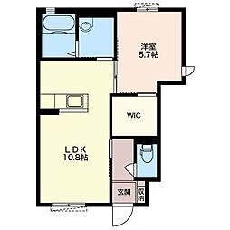 プラードII 1階1LDKの間取り
