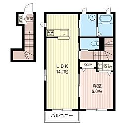 ヴェルディール弐番館 2階1LDKの間取り