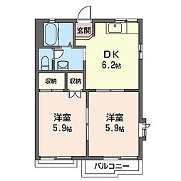 リバーヒルズ 2DKの間取図画像
