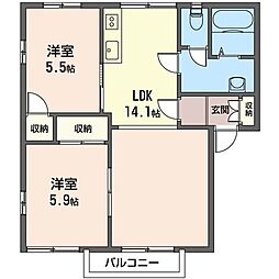 グリーンコルトA棟 2DKの間取図画像