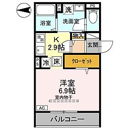 AKコンフォルト高崎栄町 2階1Kの間取り