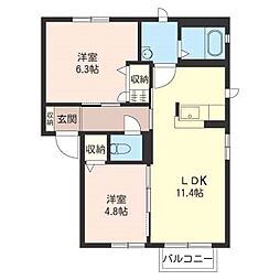 カーサ・エクセル　B 1階2LDKの間取り