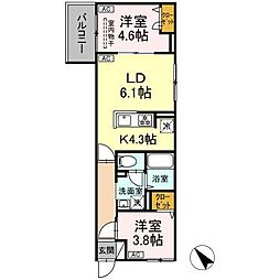 セレスティア白鳥 3階2LDKの間取り
