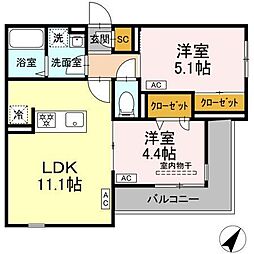 セレスティア細田B 2LDKの間取図画像