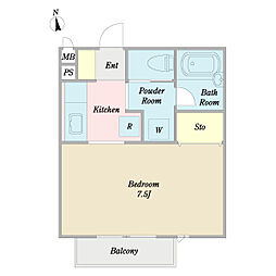 プラネット 2階1Kの間取り