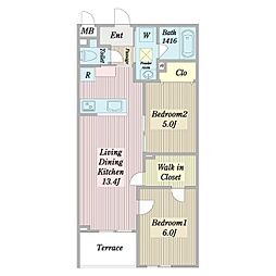 プエンテリア岡崎 1階2LDKの間取り