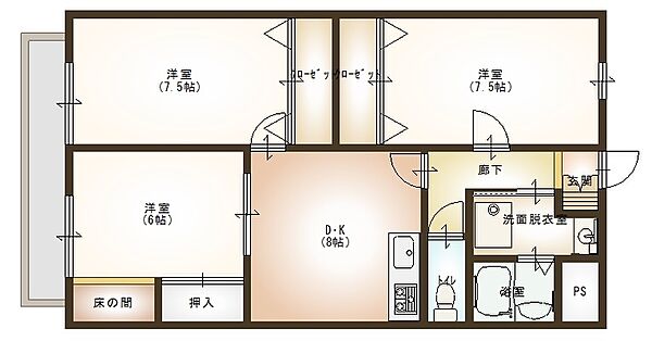 グランヴェール壱番館 ｜栃木県那須塩原市一区町(賃貸マンション3DK・2階・61.02㎡)の写真 その2