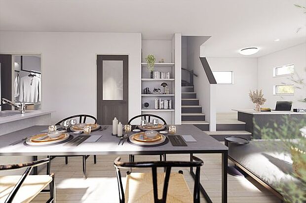 リビングパース　家族の会話が弾む、小上がりスペースのあるオープンなリビングダイニング。