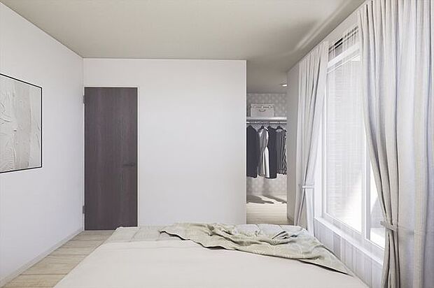 寝室パース　広々ウォークインクローゼットを設置。ご夫婦分の衣類をスッキリ収納できます。