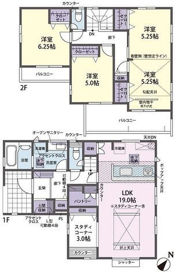 1号棟 間取り図3(4)LDK+パントリー+スタディーコーナー+カースペース2台