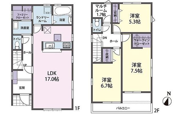 1号棟　間取り図3LDk+カースペース2台駐車可