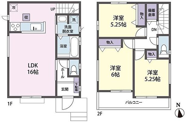 リビング階段、対面キッチン採用。ファミリー向けの3LDKです。