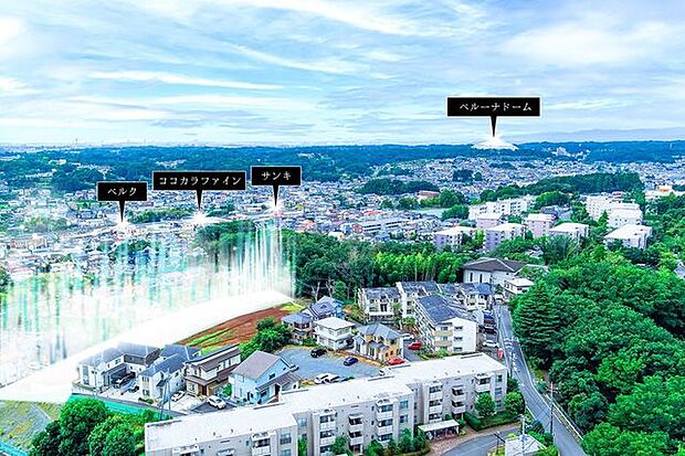 生活利便施設が近隣に揃う家族の新生活にぴったりの住環境です。/上空から見た現地(2025年9月)撮影