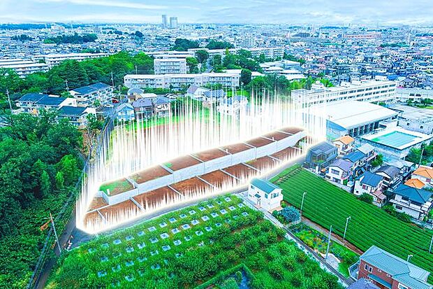駅徒歩6分と美しい緑に恵まれた新たなコミュニティ。／上空から見た現地（2025年9月）撮影