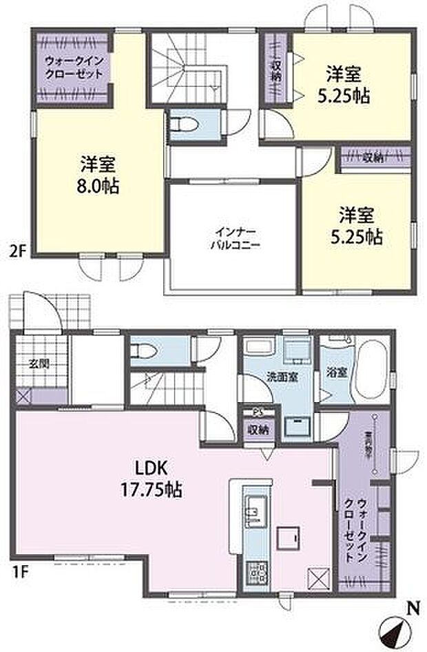 間取り図　2号棟/南東向きで陽当りの良い3LDKのお住まいです。