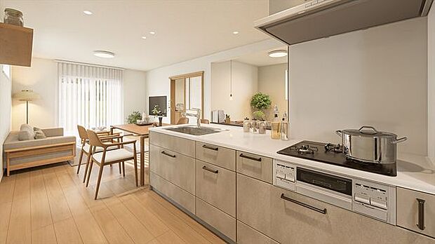 作業台のように使えるワイドなアイランドキッチン。料理・片付けがはかどる“見渡せる”家事動線。