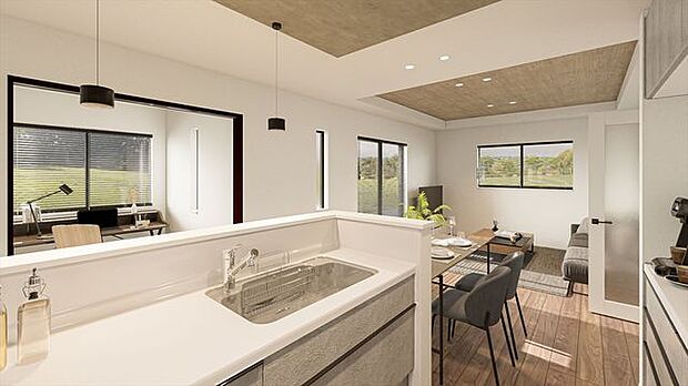 見渡しの良い対面キッチンで、料理しながら会話が弾むLDK設計。