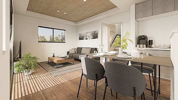 木目×モノトーンで整えたLDK。光が回る、くつろぎのリビング空間。