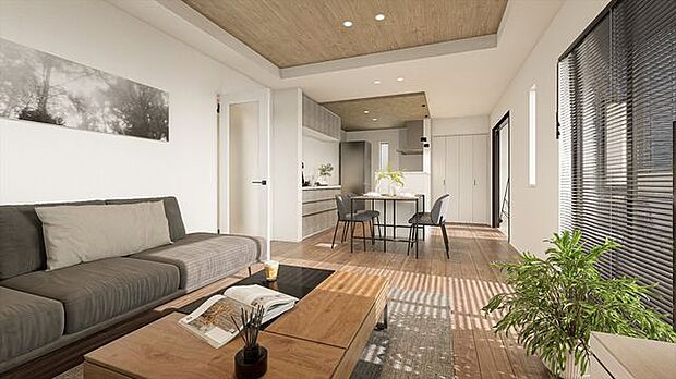 木目×モノトーンで整えたLDK。光が回る、くつろぎのリビング空間。