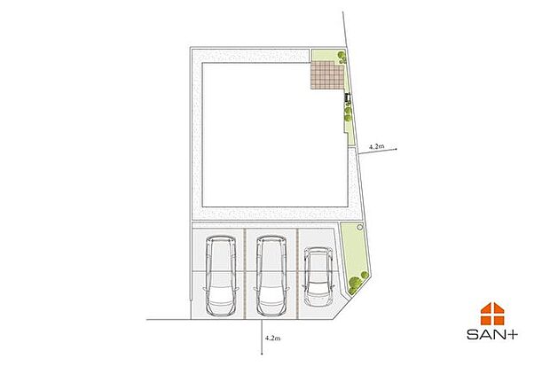 東南×南西角地の陽当たり良い区画。並列3台分のカースペースを確保、来客時にも便利です。
