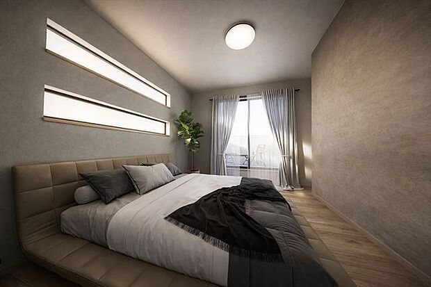 主寝室は落ち着いたグレートーンでホテルライクに。横長窓のやわらかな光で心地よい目覚め。