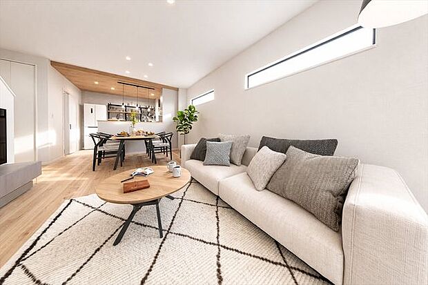 木目の下がり天井が印象的なLDK。対面キッチンで会話が弾み、家族が自然と集まる空間。