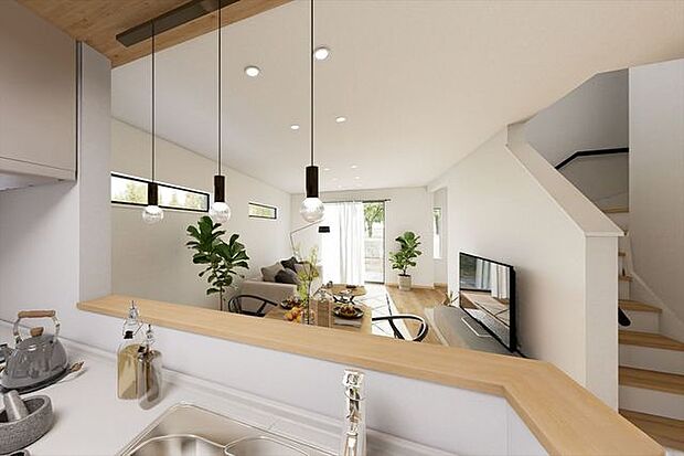 抜け感のあるオープンキッチン。リビングイン階段仕様で家族の触れ合いも自然と増やします。