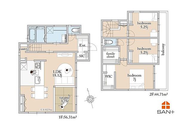 LDK+畳のくつろぎ動線。SIC・パントリーで暮らしが整い、2階はファミリークロゼット+WICで収納力も◎。バルコニー付きの3LDK
