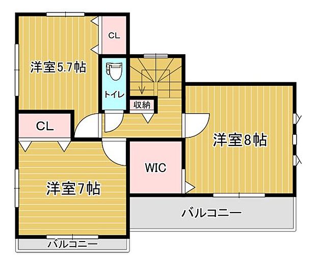 2階間取り図　2階にもトイレがあります　ウォークインクローゼットは2帖の広さです