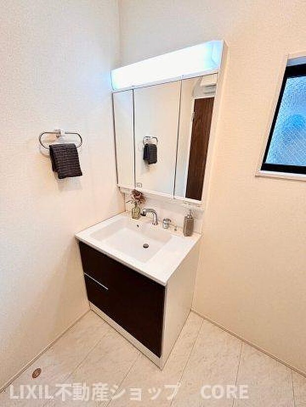 シャワー付きのドレッサーには鏡の裏に収納スペースがあります。充実した洗面化粧台です。