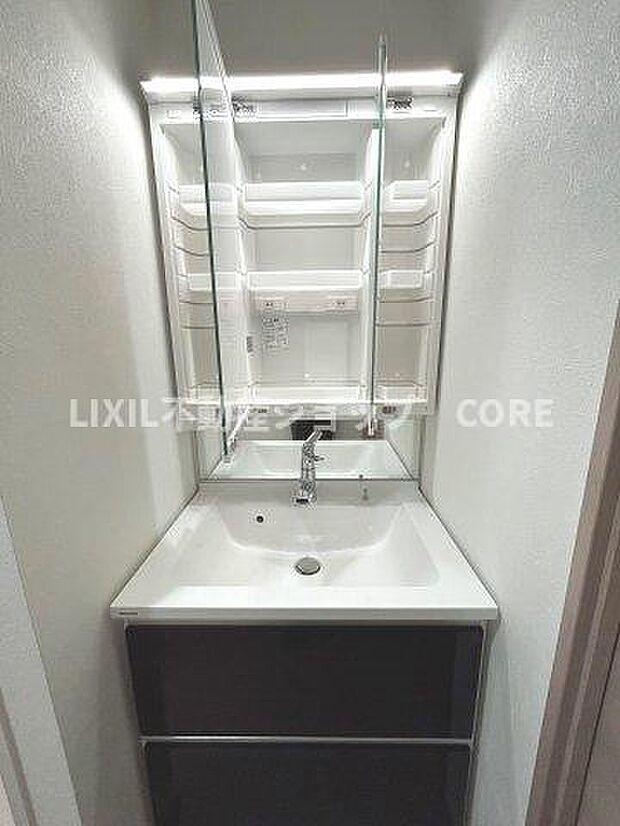 シャワー付きのドレッサーには鏡の裏に収納スペースがあります。充実した洗面化粧台です。