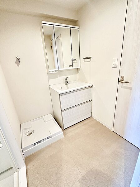 【洗面室】左手は浴室、右手はトイレにつながっています。