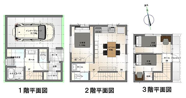 【間取：プラン例?】1F:32.91平米2F:29.81平米3F:16.56平米延床面積:79.28平米