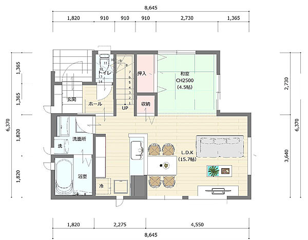 1階間取り図。床面積48.85ｍ2（14.77坪）【北辰工務店建物推奨プラン】