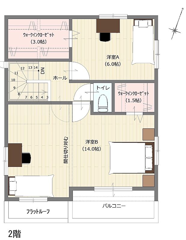 【MOK HOUSE・参考プラン】2階間取図*2階47.61平米（14.40坪）・建物プランは一例です。