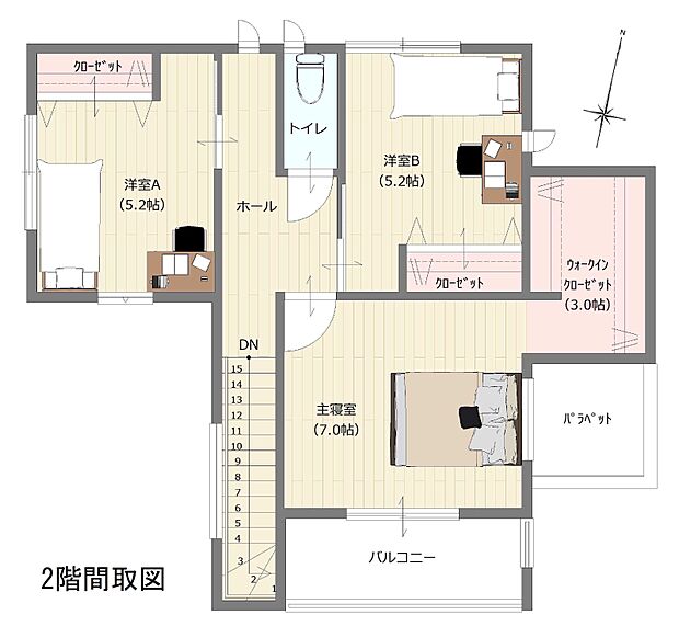 【北辰工務店・参考プラン?】2階間取図*2階47.20平米（14.27坪）・建物プランは一例です。