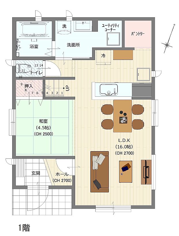 【MOK HOUSE・参考プラン】1階間取図*1階52.58平米（15.90坪）・建物プランは一例です。