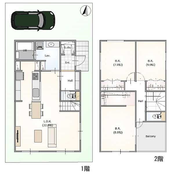 【Has casa・参考プラン】・建物プランは一例です。・付帯工事費用約344.3万円（税込）別途かかります。・完成予想図は図面を基に描き起こしたもので実際とは多少異なります。