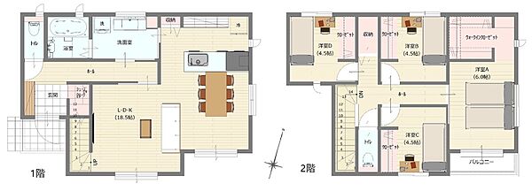 【北辰工務店・参考プラン】・建物プランは一例です。・付帯工事費用約968万円（税込）別途かかります。・完成予想図は図面を基に描き起こしたもので実際とは多少異なります。