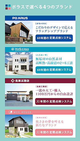 【ポラスで選べる4つのブランド】ポウハウス・ハスカーサ・北辰工務店・モクハウス 以上の4ブランドの中からお好みの間取りでご提案致します！是非ご相談下さい