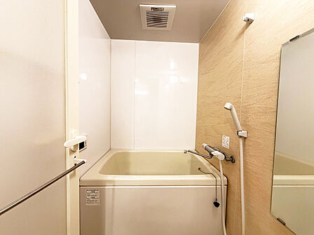 清潔感あふれるシンプルなデザイン。手入れのしやすい壁面と鏡を備えた快適なバス空間です。