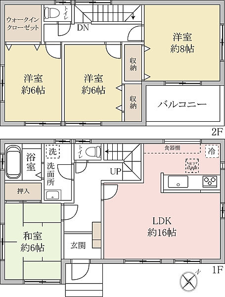 【間取-4LDK】LDK16帖、全居室6帖以上のゆったりとした広さの4LDK。全居室収納付きで、ウォークインクローゼットもございます。