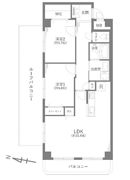 2LDK＋ウォークインクローゼット　専有面積68.16m2、バルコニー面積6.51m2