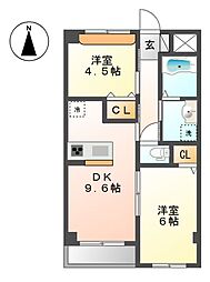 グランベル・III 1階2DKの間取り