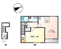グリューネ　ハウス 2階1LDKの間取り