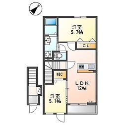 モイス・シャーム熊取 2階2LDKの間取り