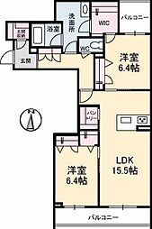 ＣｌｏｃｈｅｔｔｅＫ（クロシェットＫ） 3階2LDKの間取り