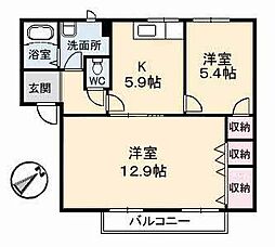 フレグランスまほろば　Ｂ棟 2階2Kの間取り