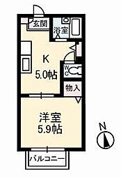 コーポつくし津ノ井 2階1Kの間取り